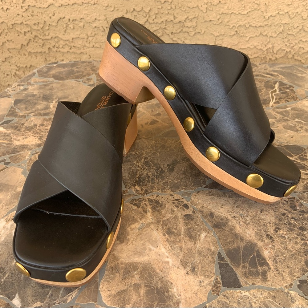 Charlotte Stone Black Leather Wooden Clog Platform Heel Sandal